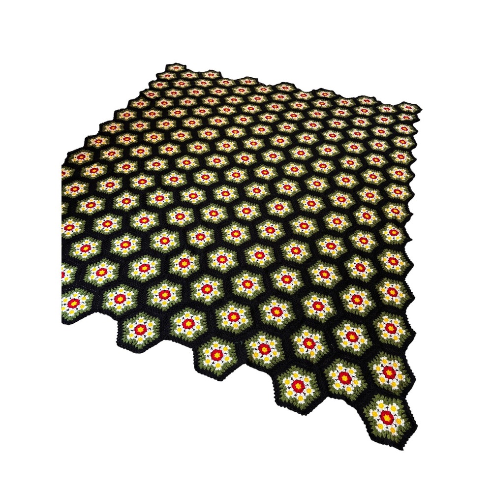 Vintage Handmade Crochet Floral Hexagon Afghan Blanket 78x96 Black Multi
